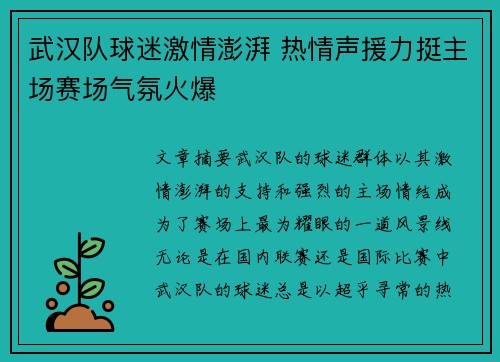 武汉队球迷激情澎湃 热情声援力挺主场赛场气氛火爆