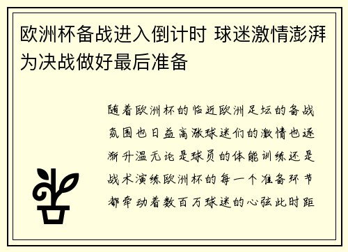 欧洲杯备战进入倒计时 球迷激情澎湃为决战做好最后准备