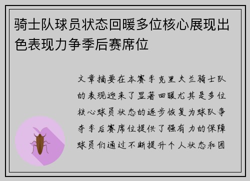 骑士队球员状态回暖多位核心展现出色表现力争季后赛席位