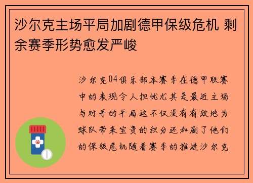 沙尔克主场平局加剧德甲保级危机 剩余赛季形势愈发严峻