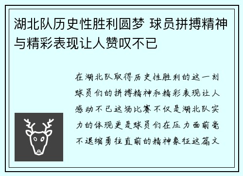 湖北队历史性胜利圆梦 球员拼搏精神与精彩表现让人赞叹不已