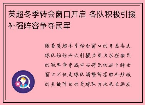 英超冬季转会窗口开启 各队积极引援补强阵容争夺冠军