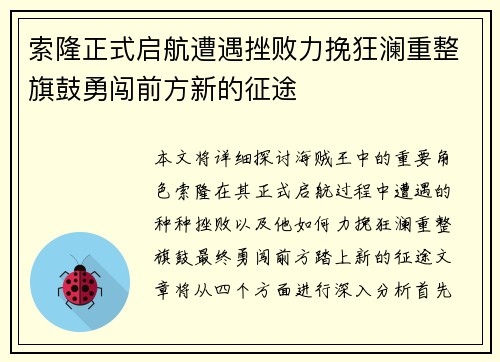 索隆正式启航遭遇挫败力挽狂澜重整旗鼓勇闯前方新的征途