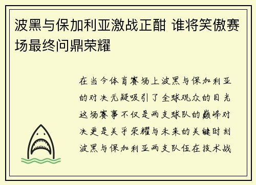 波黑与保加利亚激战正酣 谁将笑傲赛场最终问鼎荣耀