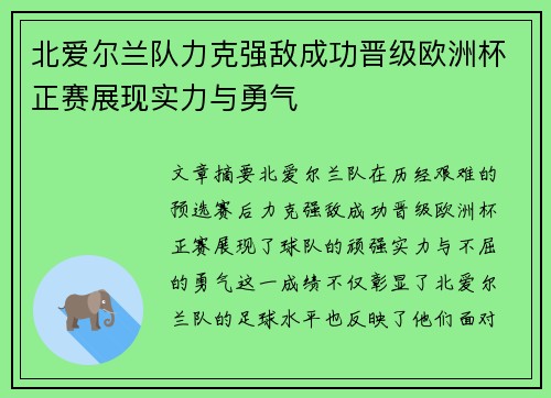 北爱尔兰队力克强敌成功晋级欧洲杯正赛展现实力与勇气