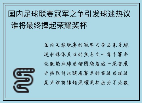 国内足球联赛冠军之争引发球迷热议 谁将最终捧起荣耀奖杯