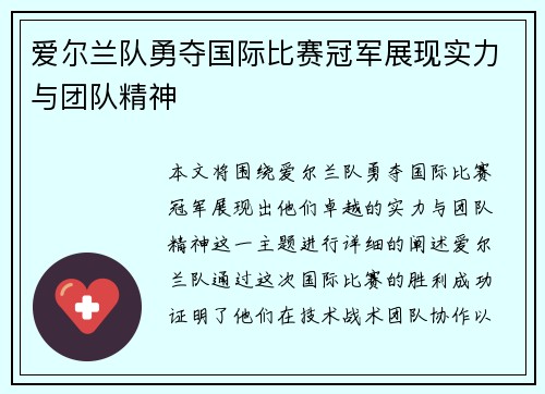 爱尔兰队勇夺国际比赛冠军展现实力与团队精神