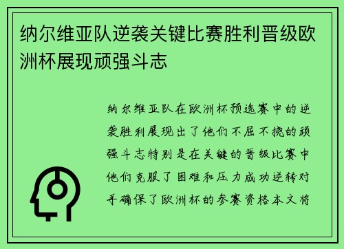 纳尔维亚队逆袭关键比赛胜利晋级欧洲杯展现顽强斗志
