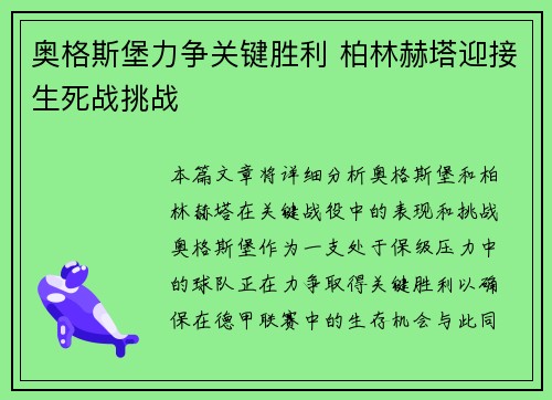 奥格斯堡力争关键胜利 柏林赫塔迎接生死战挑战
